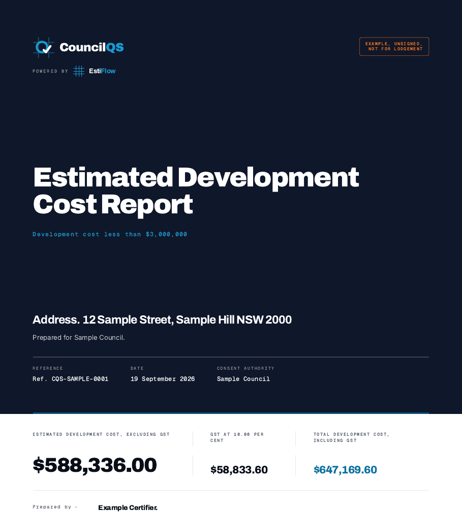Page one of the example estimated development cost report, showing the site details and the cost excluding and including GST